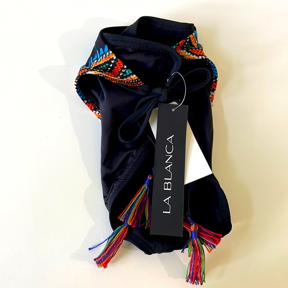 NWT black string rainbow Aztec print side tassel tie full back swim bikini bot 8 - Picture 9 of 14